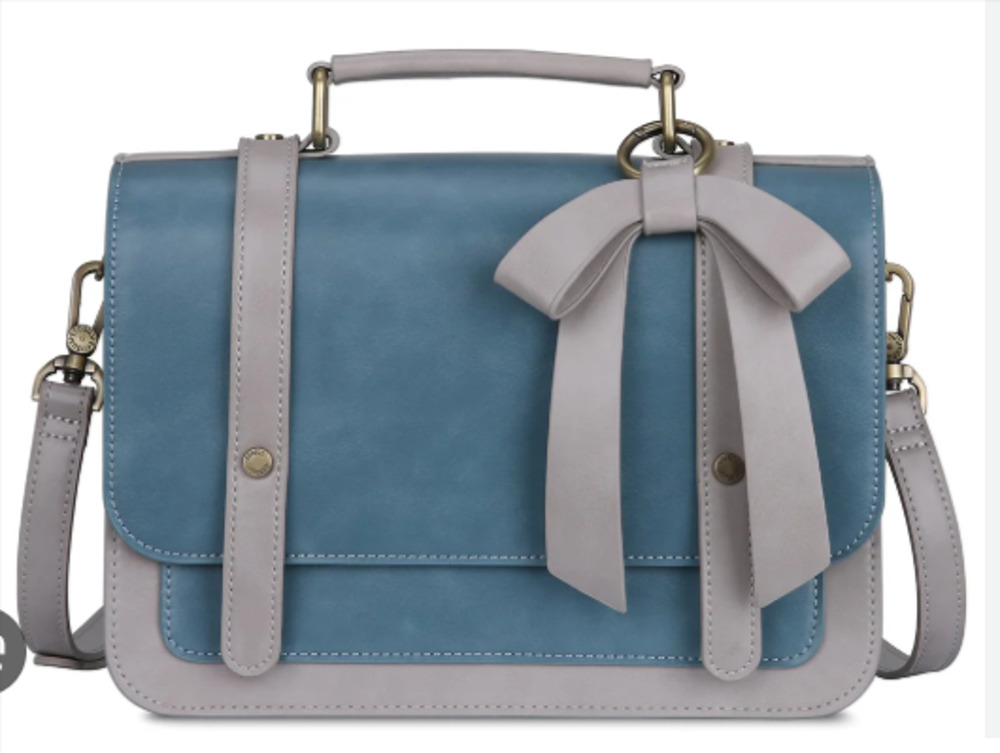 ECOSUSI Blue & Beige Two-Tone Messenger Bag - Detachable Bow - Retro Satchel